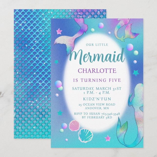 Mermaids Rainbow Iridescent Glitzer Pink Aqua Nied Einladung (Vorne/Hinten)