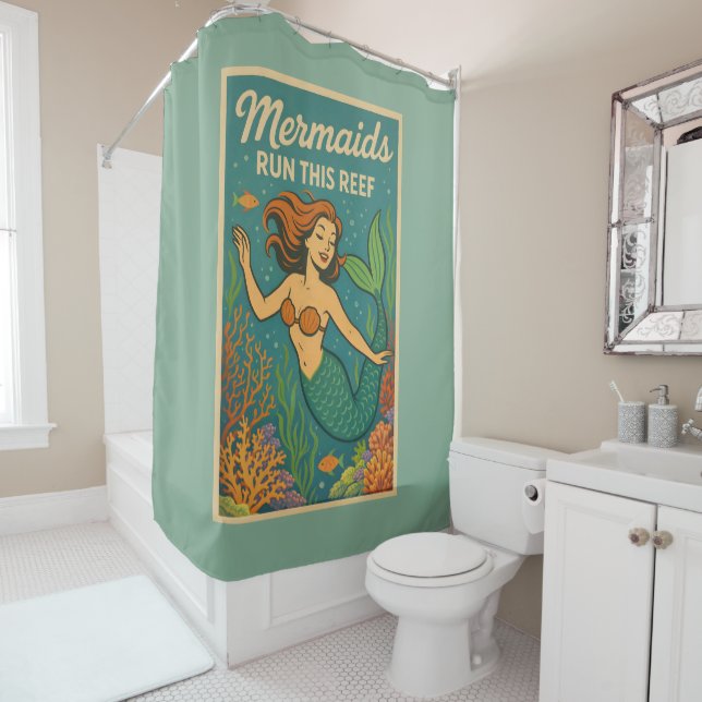 Mermaids Run This Reef | Retro Coral Fish Sea Life Duschvorhang (Beispiel)