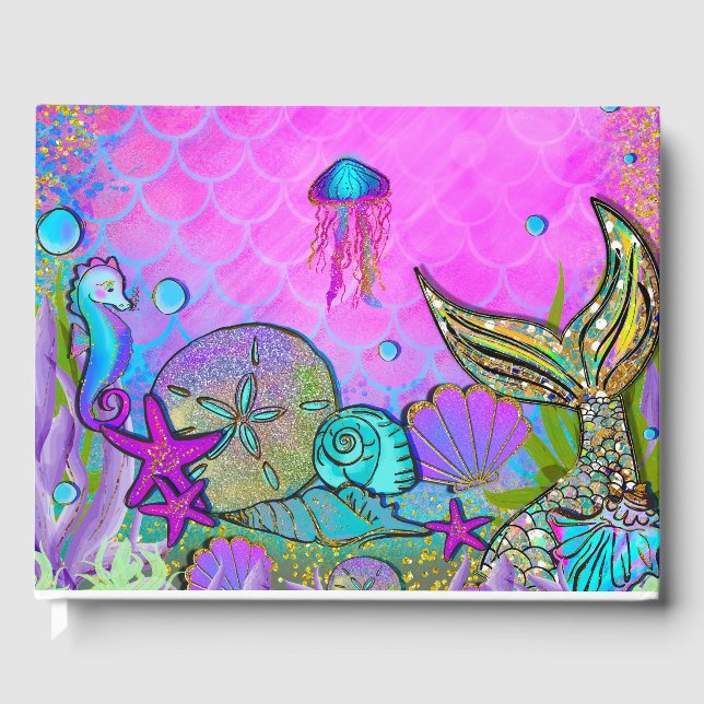 Mermaids und Muscheln Rosa Funkelnd Party Gästebuch (Vorderseite)