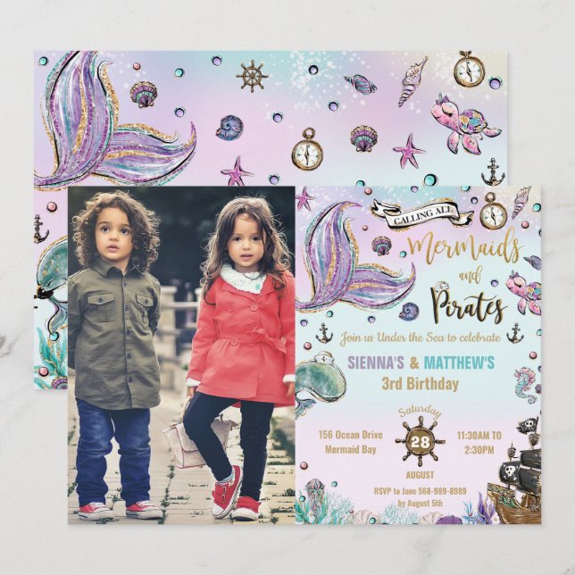 Mermaids und Piraten Twins Birthday Ocean Foto Einladung (Vorne/Hinten)