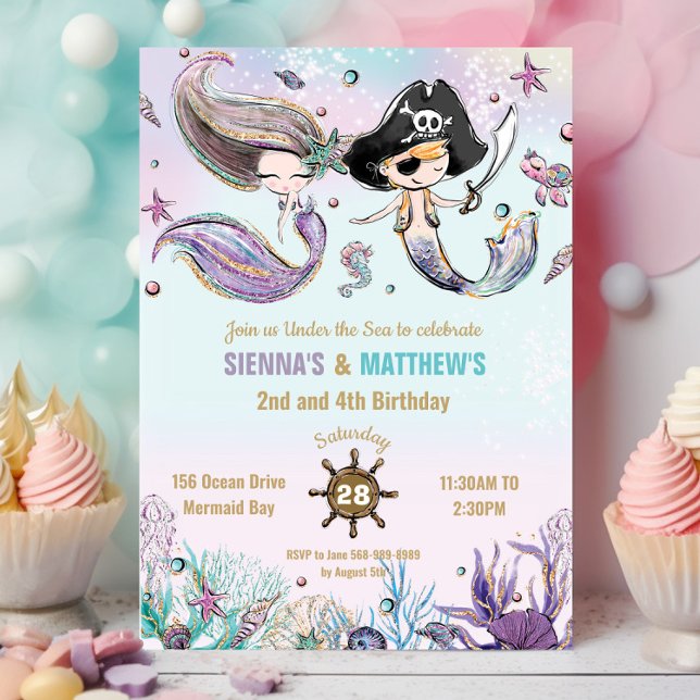 Mermaids und Pirates Twins Siblings Gemeinsamer Ge Einladung (whimsical-brunette-mermaid-and-pirate-under-the-sea-pool-birthday-party-twins-joint-invitation-cards)