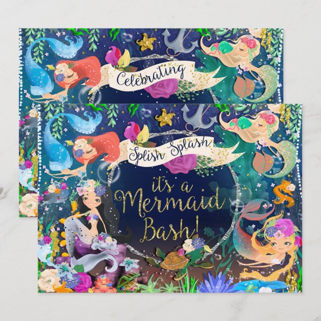 Mermaids Under Sea Mermaid Bash Birthday Party Einladung (Vorne/Hinten)