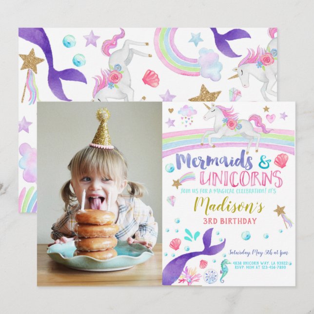 Mermaids Unicorns invitation à la fête d'anniversa (Devant / Derrière)