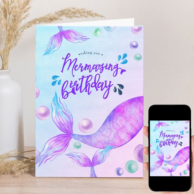 Mermazing Birthday Bright Mermaid Personalisiert Karte (Von Creator hochgeladen)