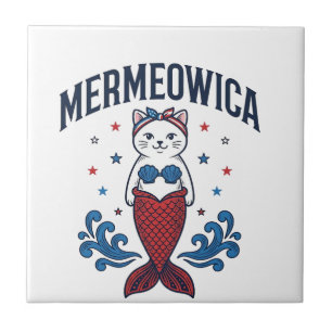 Mermeowica Patriotisches Katzen-Meerjungfrau-Shirt Fliese