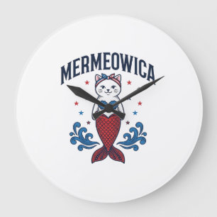 Mermeowica Patriotisches Katzen-Meerjungfrau-Shirt Große Wanduhr
