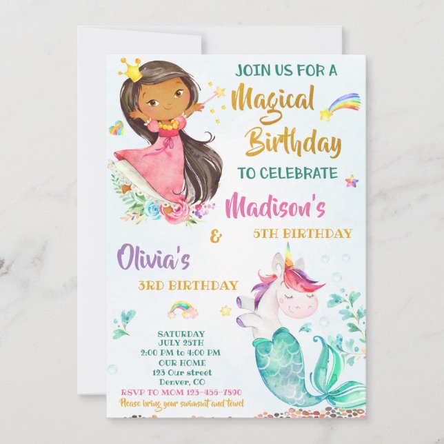 Mermicorn et princesse invitation anniversaire fil (Devant)
