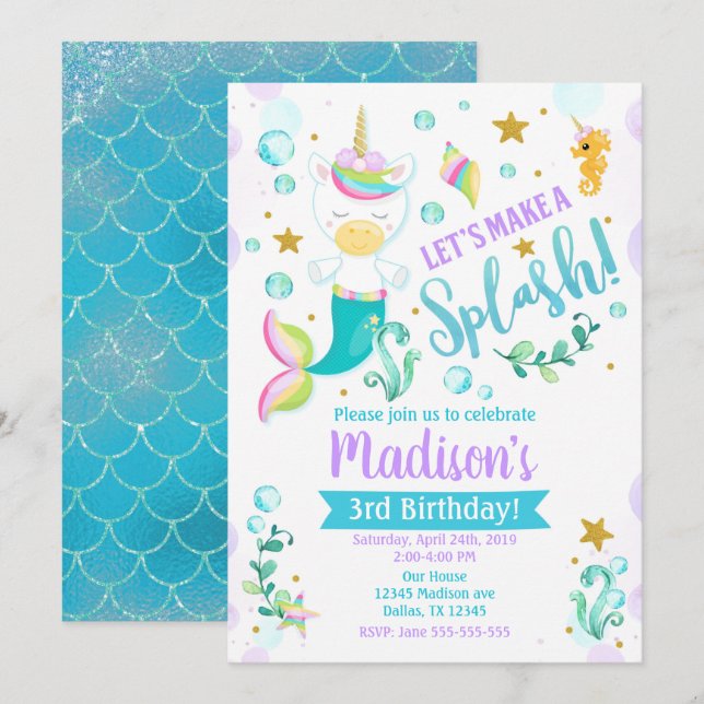Mermicorn Invitation Anniversaire Mermaid Unicorn (Devant / Derrière)