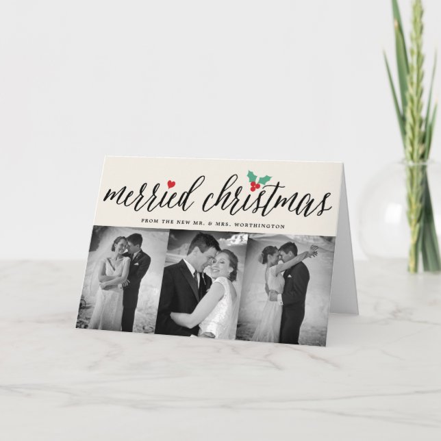 Merried Christmas Holly Mistletoe 3 Foto Wedding Ankündigung (Vorderseite)