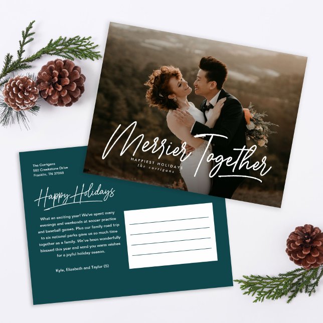 Merrier Together Calligraphy Foto Feiertagspostkarte (Von Creator hochgeladen)