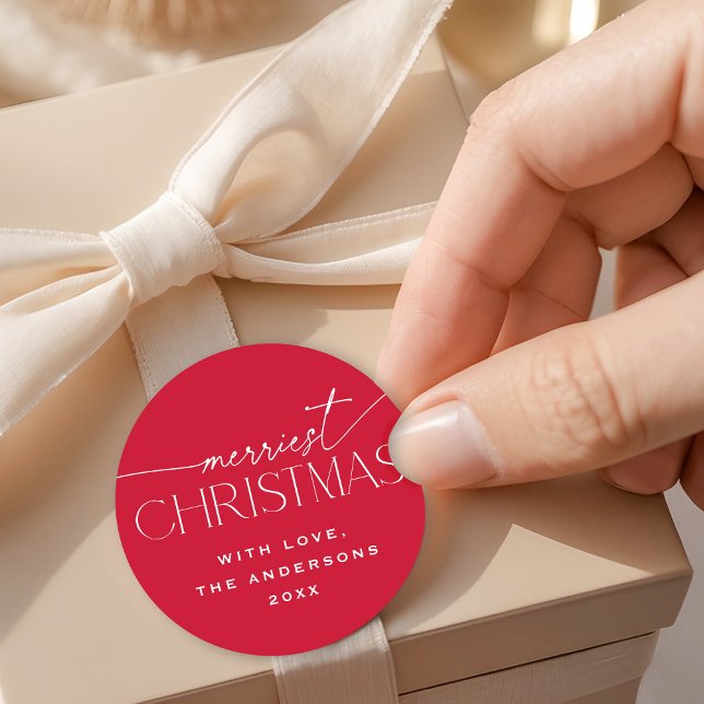 Merriest Christmas Elegant Typography Red Holiday Runder Aufkleber (Von Creator hochgeladen)