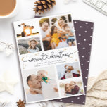 Merriest Christmas Script Foto Collage Modern Feiertagskarte<br><div class="desc">Eine süße und schlichte,  minimalistische Urlaubskarte mit Platz für 6 Fotos,  2 Textzeilen und MERRIEST CHRISTMAS in einem handgeschriebenen Skript mit einem Herzverbinder,  Goldpunkten und Sterndekoration. Die Rückseite hat ein modernes Polka Dot Muster.</div>