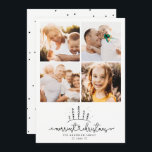 Merriest Christmas Tree Modern Foto Collage Feiertagskarte<br><div class="desc">Einfache moderne 4-Foto Collage Urlaubskarte mit einer niedlichen whimsical Schrift,  die MERRIEST CHRISTMAS mit handgeschriebener Herzverbindung unter einer süß-verschneiten gezeichnet Baumszene liest. Platz für Ihre 4 benutzerdefinierten Fotos und Nachrichten. Auf der Rückseite ist ein hübsch minimalistisches Punktmuster.</div>