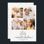Merriest Christmas Tree Modern Foto Collage Feiertagskarte<br><div class="desc">Einfache moderne 4-Foto Collage Urlaubskarte mit einer niedlichen whimsical Schrift,  die MERRIEST CHRISTMAS mit handgeschriebener Herzverbindung unter einer süß-verschneiten gezeichnet Baumszene liest. Platz für Ihre 4 benutzerdefinierten Fotos und Nachrichten. Auf der Rückseite ist ein hübsch minimalistisches Punktmuster.</div>