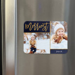 Merriest Imitate Golden Fossil 2 Foto Urlaub Magnet<br><div class="desc">Individuell bedruckte Foto Magnete mit einfachen Vorlagen zur Anpassung. Dieses elegante Design besticht durch eine 2-Foto-Collage-Anordnung auf einem marineblau-blauen Aquarell-Hintergrund. Moderne Kalligraphieskripttext sagt Merriest in Imitaten Goldfolie. Personalisieren Sie es mit Ihren eigenen Bildern, und fügen Sie das Jahr oder einen anderen benutzerdefinierten Text unten. Bitte beachten Sie, dass die Goldfolie...</div>