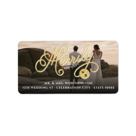 Merrily After Gold Curly Script Foto-Adresse Adressaufkleber