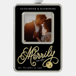 Merrily Ever After Curly Script Weihnachts-Foto Rahmen-Ornament Silber