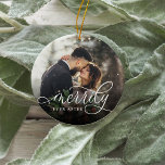 Merrily Ever After | Wedding Photo Keramik Ornament<br><div class="desc">Elegant holiday photo ornament for newlyweds features a favorite wedding photo on each side,  with "Merrily Ever After" overlaid in white calligraphy script. Personalize with your names and wedding date on the back.</div>