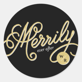 Merrily je nach Curly Script Hochzeit Runder Aufkleber
