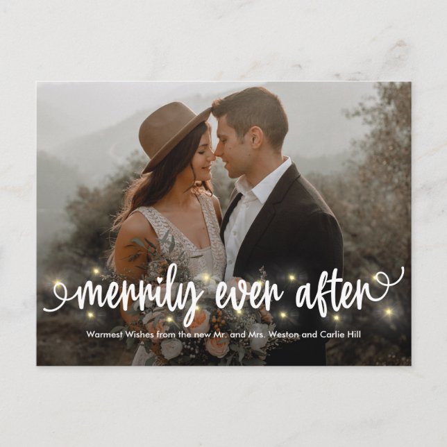 Merrily Lit Just Married Holiday Card Postkarte (Vorderseite)