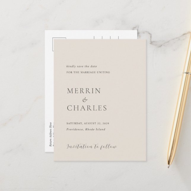 Merrin Beige Elegant Wedding Save the Date Ankündigungspostkarte (Vorderseite/Rückseite Beispiel)