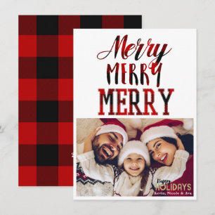MERRY 3 Red Kariert Typografy Holiday Foto Card Einladung
