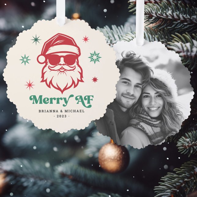 Merry AF cooler Weihnachtsmann in Sonnenbrille Ret Ornament Karte (Merry AF cool Santa in sunglasses retro stars Ornament Card)