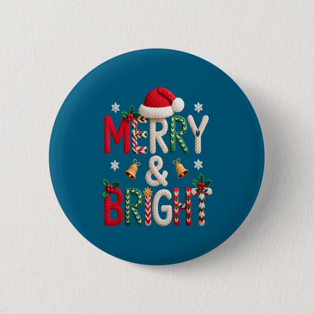 Merry &amp; Bright Christmas Santa Hat Crochet Kni Button (Vorderseite)