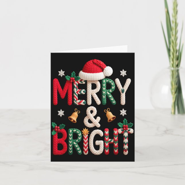 Merry &amp; Bright Christmas Santa Hat Crochet Kni Karte (Vorderseite)