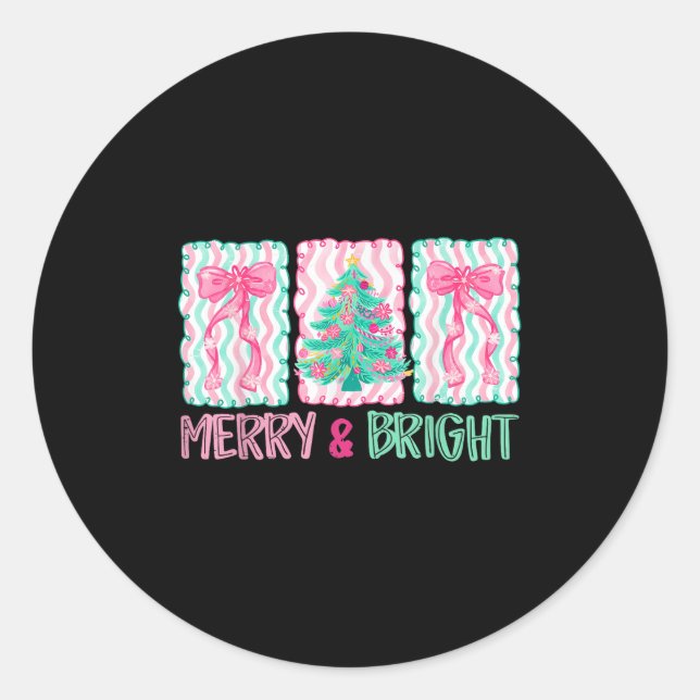 Merry &amp; Bright Coquette Preppy Bow Xmas Tree W Runder Aufkleber (Vorderseite)