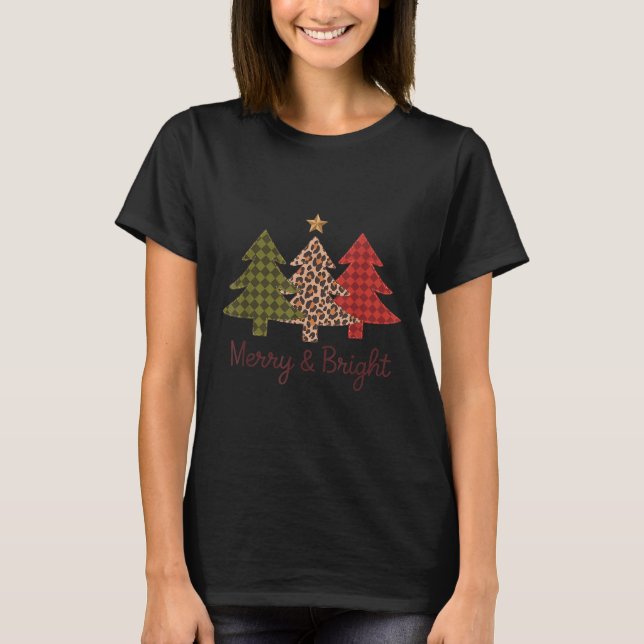 Merry &amp; Bright Plaid Leopard Christmas Tree Xm T-Shirt (Vorderseite)