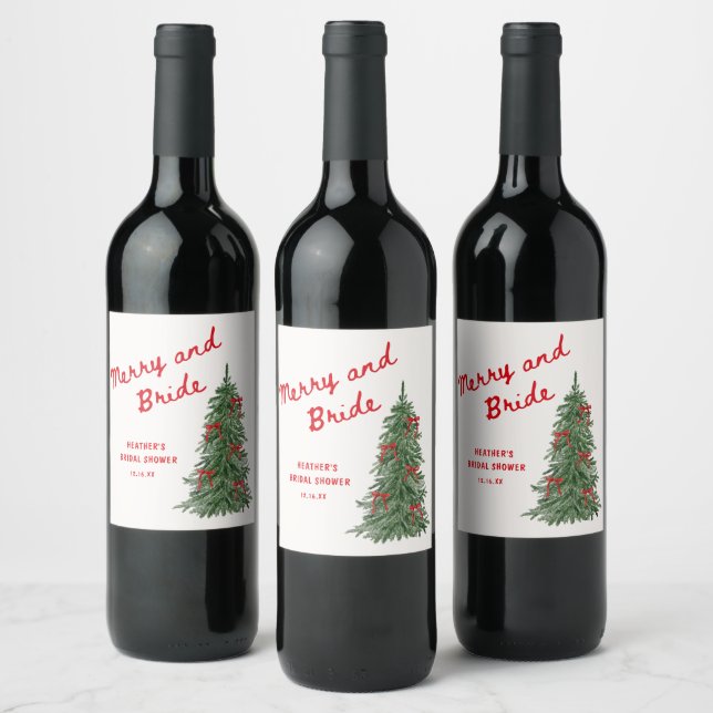 Merry and Bride Whimsical Holiday Bridal Shower Weinetikett (Flaschen)
