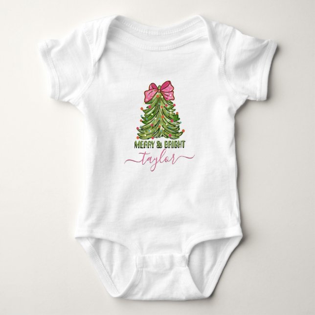 Merry and Bright Baby Name Custom Weihnachtsbaum Baby Strampler (Vorderseite)