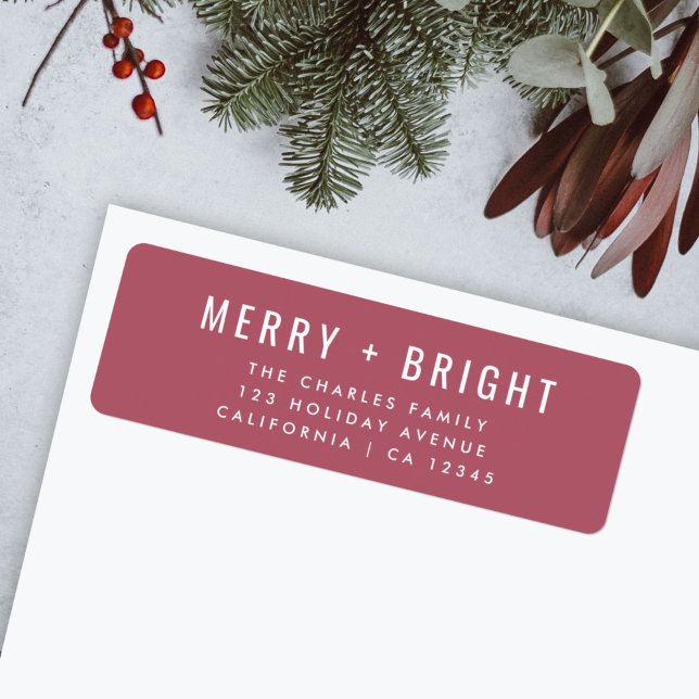Merry and Bright Berry Vintage Rose Christmas (Feminine vintage rose “Merry + Bright” label by Guava for festive mail)