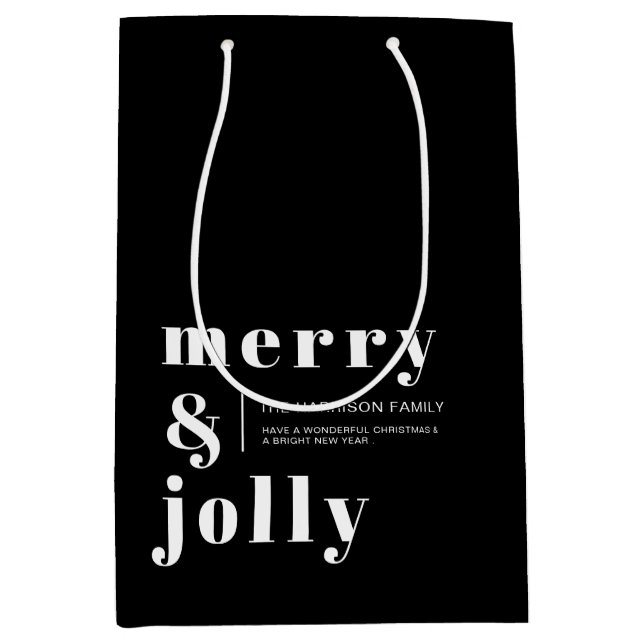 Merry and Bright Black Modern Christmas Holiday  Mittlere Geschenktüte (Vorderseite)