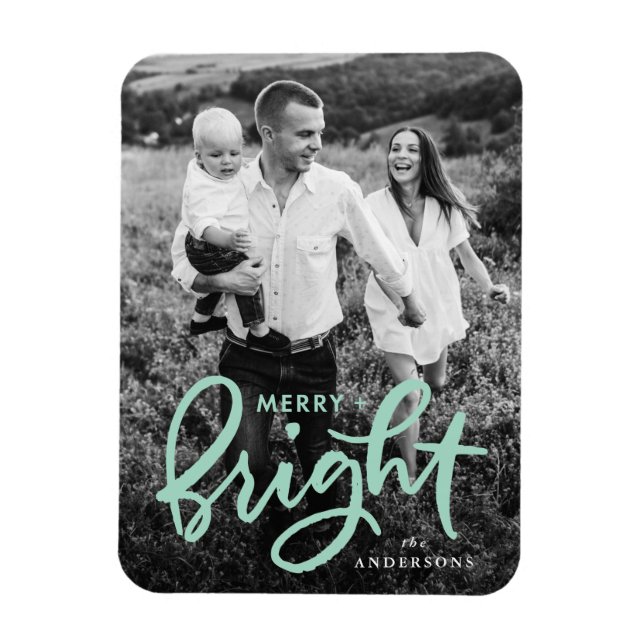 Merry and Bright Bold Mint Script Holiday Photo Magnet (Vertikal)
