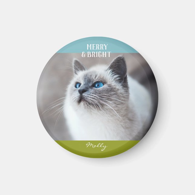 Merry and Bright Cat Kitten Weihnachts-Foto Name Magnet (Vorne)