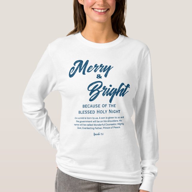 Merry and Bright Christmas Blue Script T-Shirt (Vorderseite)