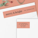 Merry and Bright | Christmas Return Address<br><div class="desc">Simple,  stylish,  minimalist wrap around return address label with a modern minimalist typographic quote "merry & bright" in black on a pinky red background. The name,  address and greeting can be easily customized for a personal touch. #christmas #merryandbright #minimalist #returnaddress</div>