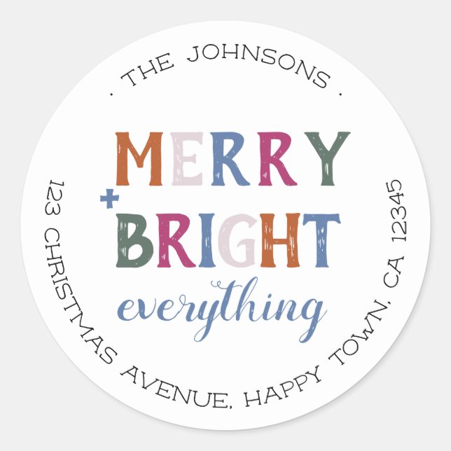 Merry and Bright Everything Christmas Adresse Runder Aufkleber (Vorderseite)