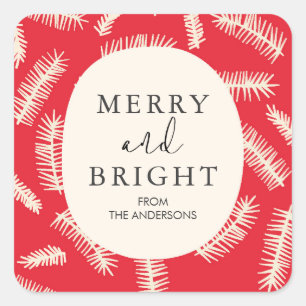 Merry and Bright Foliage Red Christmas Geschenk Quadratischer Aufkleber
