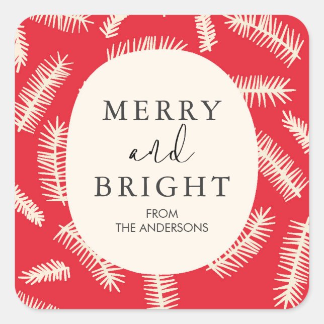 Merry and Bright Foliage Red Christmas Geschenk Quadratischer Aufkleber (Vorderseite)