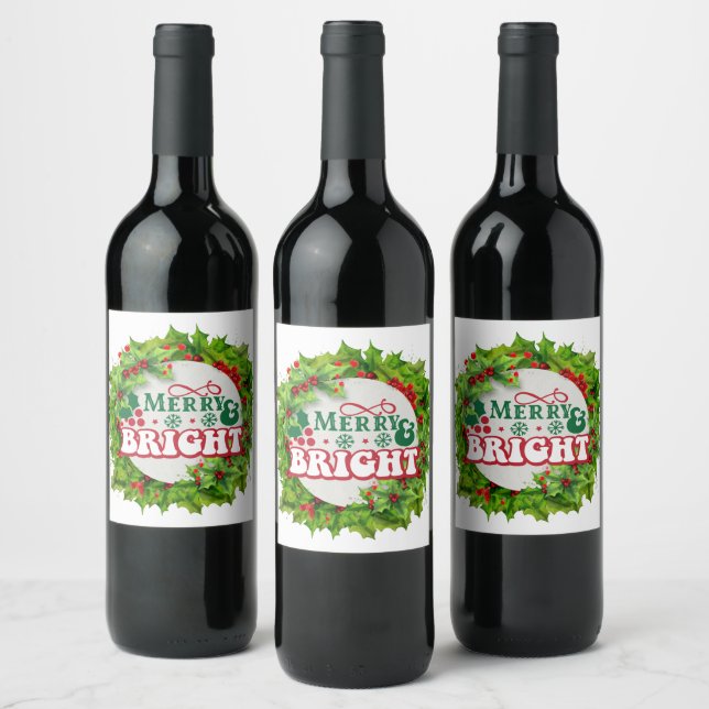 Merry and Bright Fun Holly Berries Weinetikett (Flaschen)