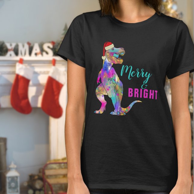 Merry and Bright Funny Santa T-Rex Zitat T-Shirt (Merry and bright funny Christmas dinosaur T-shirt )