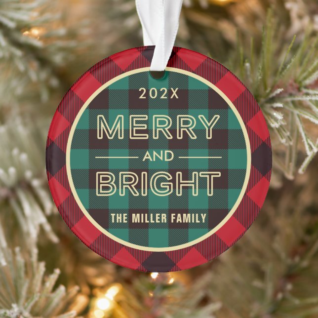Merry and Bright Gold Green Red Kariert Foto Ornament (Baum)
