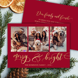 Merry and Bright Gold Script 3 Photo Red Christmas Feiertagskarte