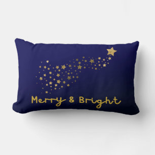 Merry and Bright Gold und Navy Blue Script Lendenkissen