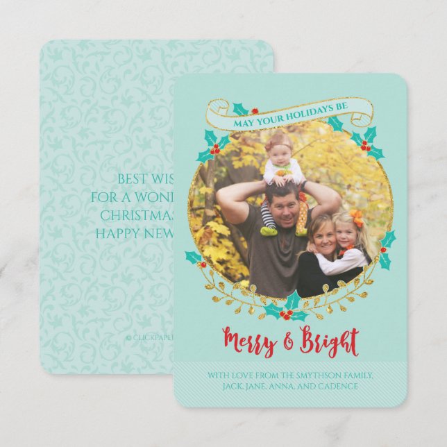Merry and Bright Holiday Foto Card Einladung (Vorne/Hinten)