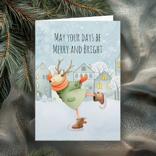 Merry and Bright Holiday Skaten Deer Card Karte