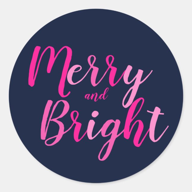 Merry and Bright Hot Pink Blue Runder Aufkleber (Vorderseite)